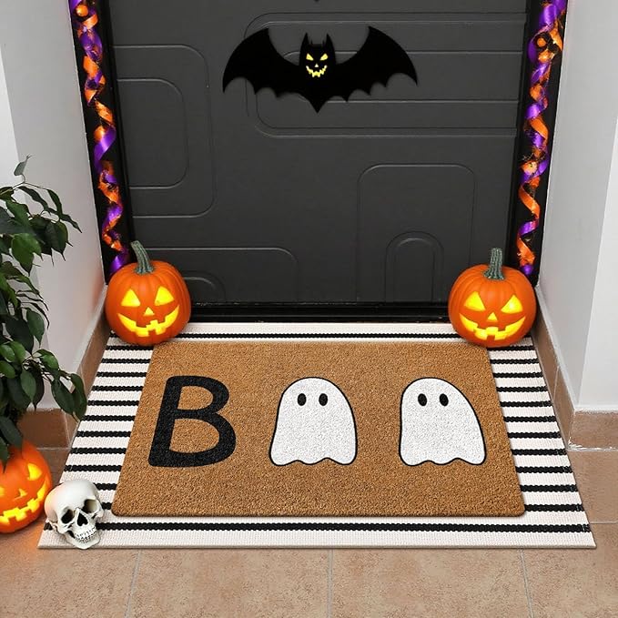 2 Pcs Halloween Welcome Door Mat Ghost Outdoor Welcome Mats for Front Door Non Slip Cute Ghost Coir Floor Mat Black White Stripe Halloween Rug for Outside Front Porch Entryway Decor