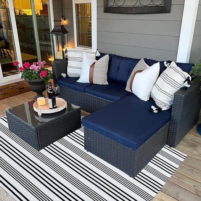 Black and White Striped Outdoor Rug 4' x 6' Front Porch Rug Machine Washable Front Door Mat Indoor/Outdoor Area Rugs Floor Mat for Farmhouse/Front Porch/Entryway/Laundry Room