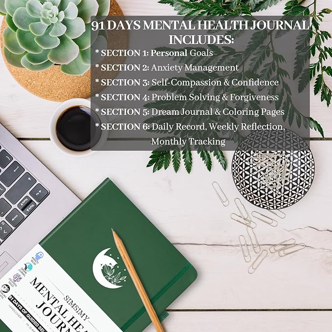 Mental Health Journal, 91-Day Self Care Journal for Women Men, Guided Anxiety & Stress Relief Journal with Mood Tracker, Cognitive Behavioral Therapy Journaling with Mental Health Coloring Pages & Dream Log