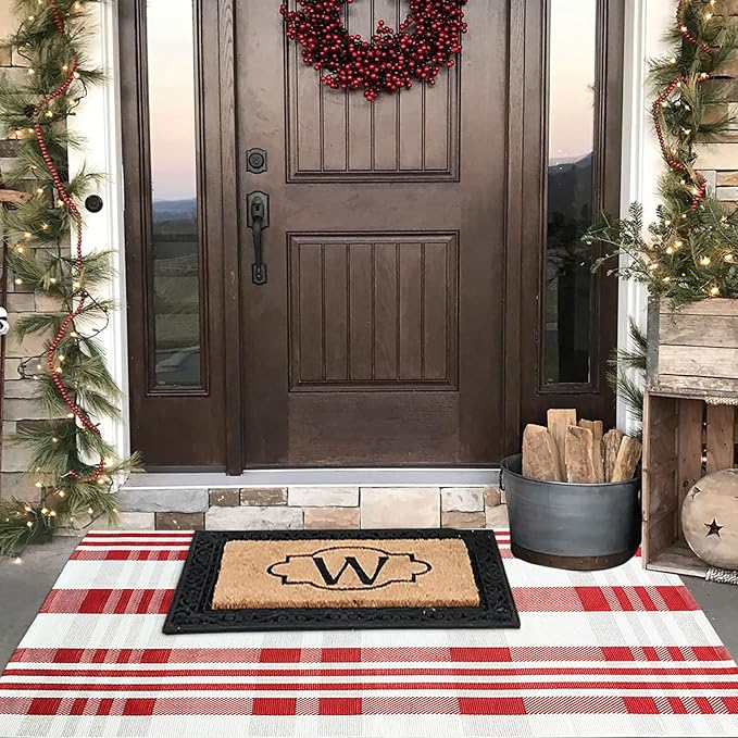 Christmas Plaid Outdoor Rug, 3' x 5' Red&White Check Indoor/Outdoor Area Rug, Layering Rug for Hello/Welcome Door Mat, Machine Washable Cotton Woven Rug for Farmhouse Front Porch, Entryway