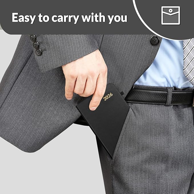 SUNEE 2026 Pocket Weekly Planner for Purse 3.5" x 6" - 12 Month (January 2026 - December 2026), Small Size Planner, Hardcover, Notes, Pocket, 100 GSM Paper, Black