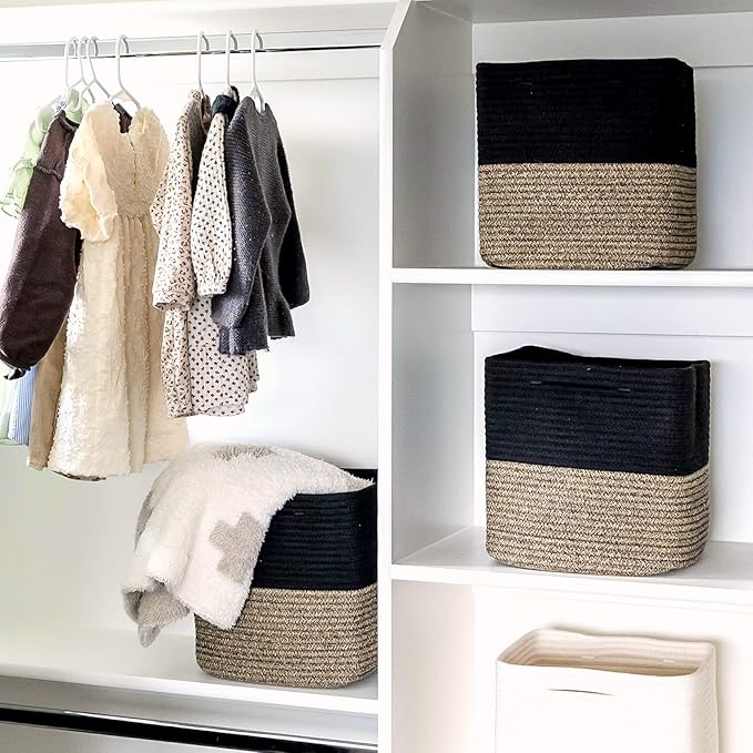 NaturalCozy Storage Cubes 11 Inch Cotton Rope Woven Baskets for Organizing, 3-Pack | Cube Storage Bin | Square Storage Baskets for Shelves Organizer, Classroom, Kids Toy Bins, Closet, Baby Nursery