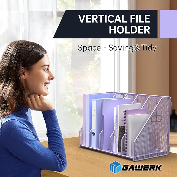 Desk File Organizer Metal Desk Magazine Folder Holder with 5 Vertical Compartments Rack File Organizer for Office, Home, School (Purple)