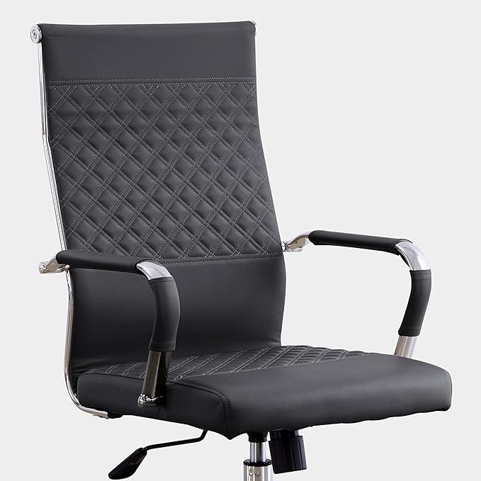 Livinia Modern Executive Office Chair with Patterned Back Design, Chrome & Leather Swivel Chair with High Back, Adjustable Height, Removable Armrests, and Wheels for Home Office (Black(Chrome))