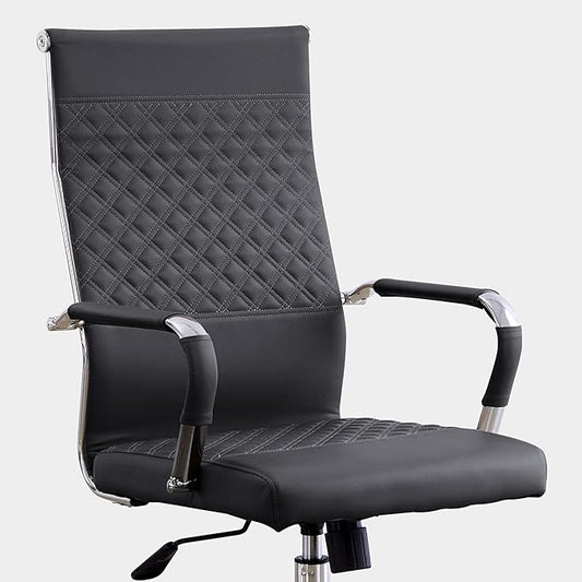 Livinia Modern Executive Office Chair with Patterned Back Design, Chrome & Leather Swivel Chair with High Back, Adjustable Height, Removable Armrests, and Wheels for Home Office (Black(Chrome))