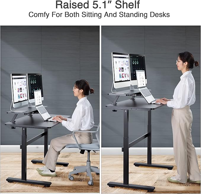 AVLT Clamp Desk Shelf Dual 32" Monitor Riser With Slide-out Holder for Convertible Laptop, Tablet, Smartphone (Black) - Floating Stand (Clamp-On Shelf Only)