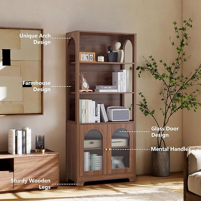RARZOE Set of 2 Bookshelves and Bookcases, 5-Tier Arched Bookshelf with Glass Doors, Floor Standing 5 Shelf Book case, Wood Display Cabinet Storage Organizer for Living Room, Bedroom, Office(Walnut)