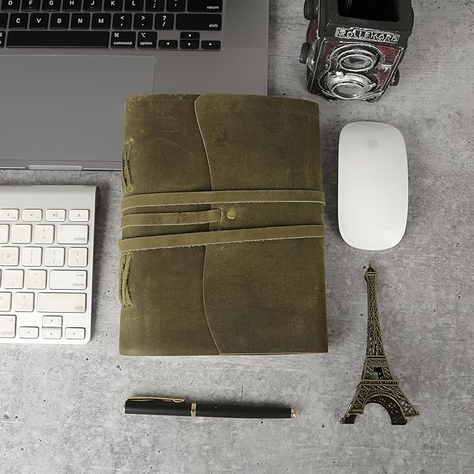 Handmade Leather Journal 8x6 Inch | Green Vintage Notebook with Unlined Paper | Cotton Recycled Paper | Antique Travel Diary, Sketchbook, Writing Journal for Men & Women