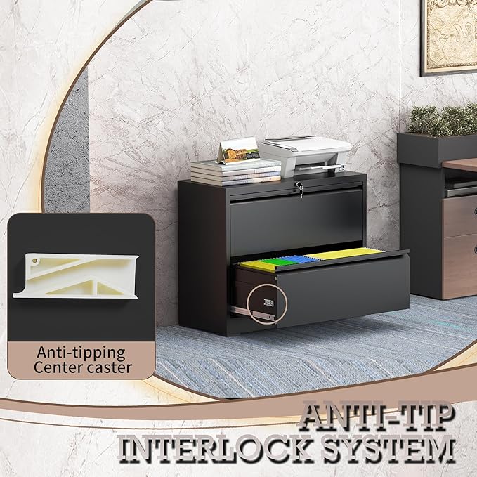 2 Drawer Lateral File Cabinet with Lock, File Cabinet, Metal Lateral Filing Cabinets for Home Office, File Storage Cabinet for Legal/Letter/A4 Documents, Assembly Required (Black, 35'W)