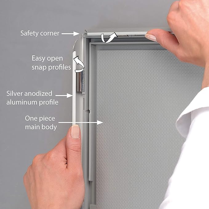 M&T Displays Opti Snap Poster Frame 8.5x11 Inch Silver 1" Aluminum Profile Front Loading Wall Mounting Photo Picture Document Certificate Sign Holder Mitered Corner Anti Glare Cover (200 pack)