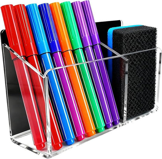 Magnetic Dry Erase Marker Holder - Non-Slip Acrylic Pen Organizer with Powerful Magnets for Whiteboard, Refrigerator, Office Desk, Classroom Supplies & Home Organization-Clear