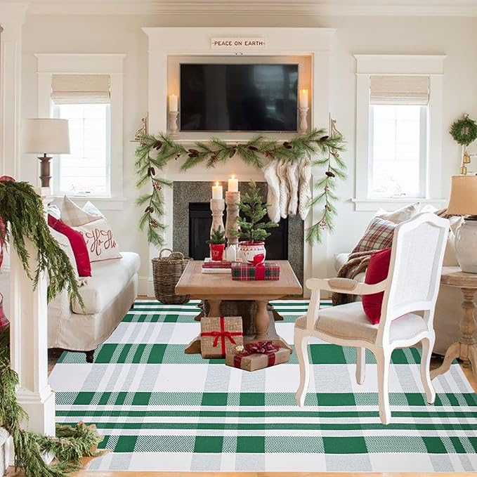 Christmas Door Mat Outdoor 4' x 6' Green and White Plaid Rug Christmas Decor Rug Cotton Hand-Woven Layered Door Mats Washable Carpet for Front Porch, Kitchen, Farmhouse, Entryway