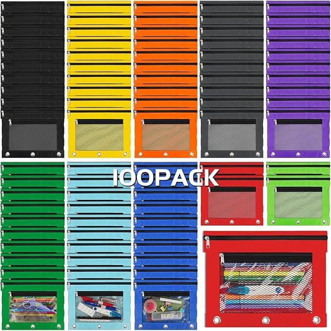 IKAYAS 100 Pack Pencil Pouch for 3 Ring Binder bulk Binder Pencil Pouch with Zipper, Pencil Pouches Pencil Bags for Classroom bulk Pencil Box Pencil Case for Storing School Students Teacher Supplies