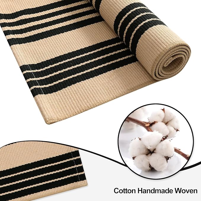 OJIA Christmas Outdoor Rug 3'x5', Black and Tan Area Rug Machine Washable Rugs Cotton Hand Woven Entry Rug Indoor Outdoor Striped Carpet for Front Porch/Deck/Backyard/Camping/Outdoor Decor