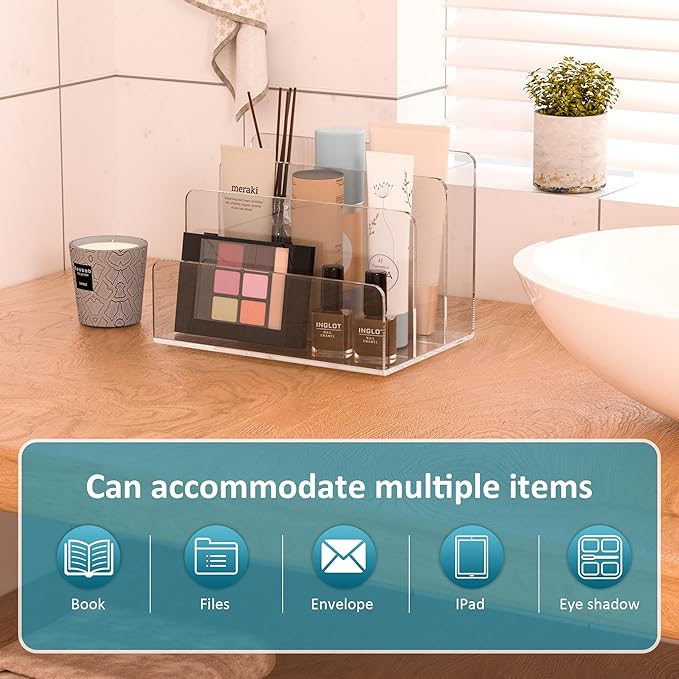 Acrylic File Holder 3 Compartment, Clear Desk File Organizer, Office Magazine File Folder Organizer Desktop for Calculate, Books