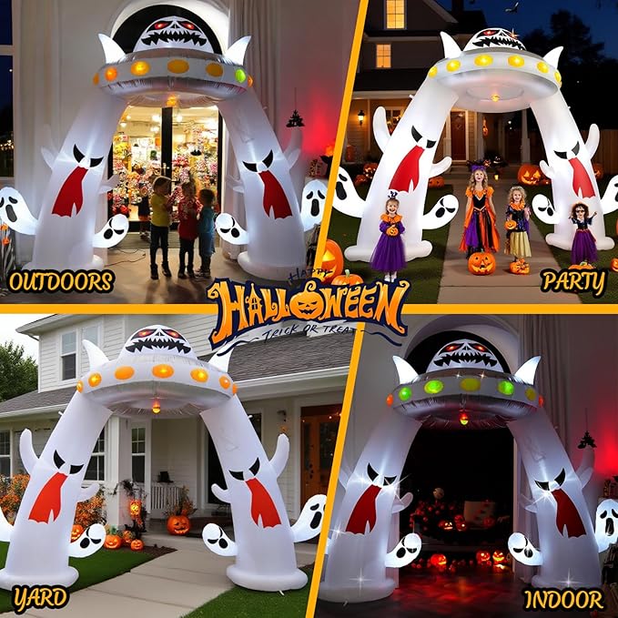 11FT Wide Halloween Inflatable Archway, 2025 Giant Inflatable Arch with Ghosts, Red Flame Light & Flashing Lights & LED Lights Outdoor Halloween Decor for Yard Garden Lawn Holiday Party