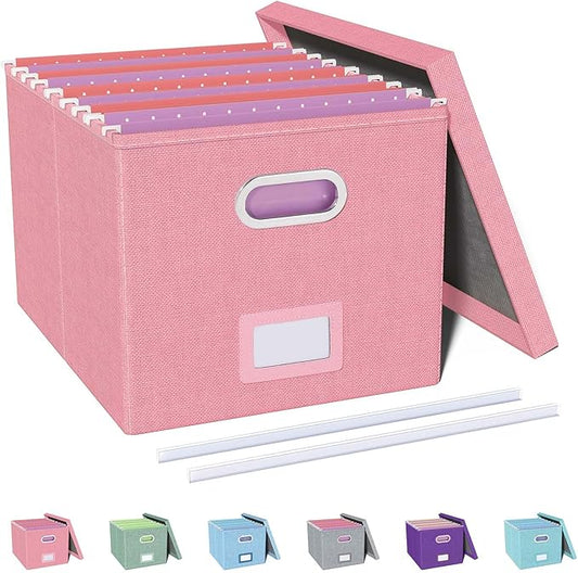 Oterri File Organizer, File Box, File Cabinet for Letter File Folder Storage, Portable Storage Bins with Lids for Office/Decor/Home, 1 Pack, New-pink-Box only