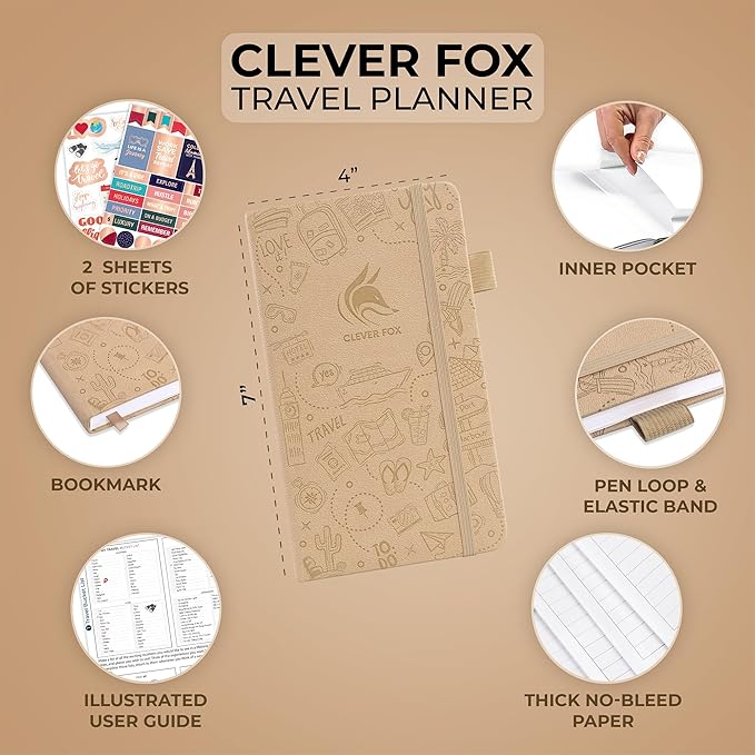 Clever Fox Travel Journal Pocket – Vacation & Road Trip Itinerary Planner Organizer & Traveling Memory Diary – Small Traveler Notebook (Sandstone)