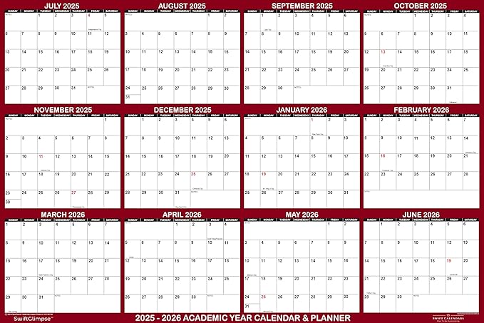 18" x 24" SwiftGlimpse 2025-2026 Academic Wall Calendar Dry Erase Erasable, Large, Wet & Dry Erase Laminated, Yearly Planner, Reversible, JULY 2025 to JUNE 2026 ONLY
