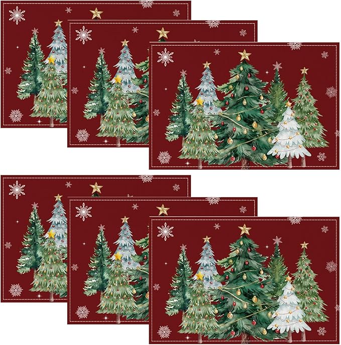 Christmas Placemats Set of 6 Xmas Trees Snowflakes Winter Placemats Snowflake Winter Seasonal Table Mats for Holiday Party Kitchen Dining Holiday Decoration