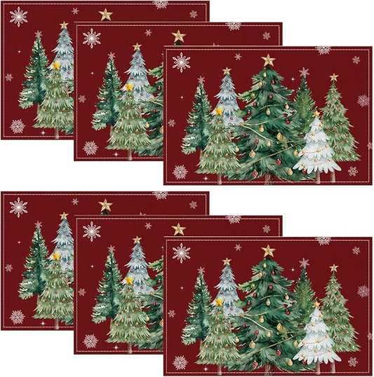 Christmas Placemats Set of 6 Xmas Trees Snowflakes Winter Placemats Snowflake Winter Seasonal Table Mats for Holiday Party Kitchen Dining Holiday Decoration