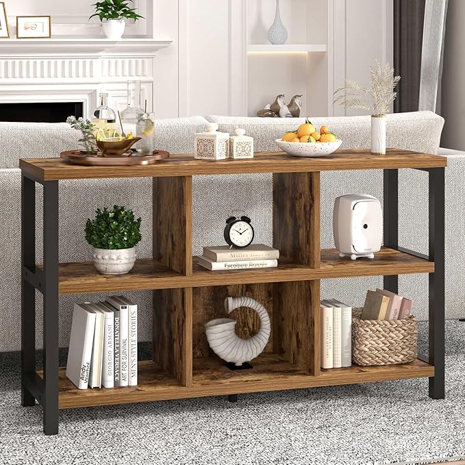 FOLUBAN Industrial Horizontal Bookshelf, 6 Cube Storage Organizer with Shelf, Wood and Metal Cubby Bookcase for Living Room Bedroom, Rustic Brown, 47 Inch