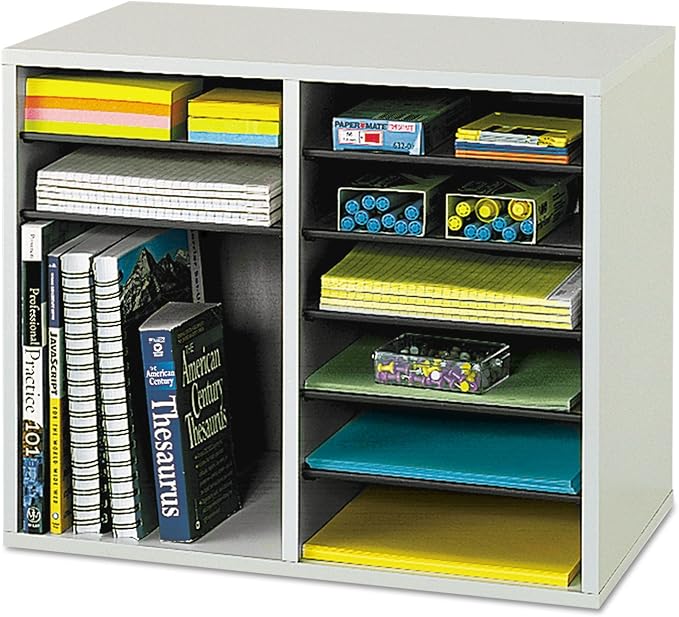 Safco Literature Organizer, 12 Compartments, Office and Classroom Mailbox with Adjustable Shelves, Wood Paper and Mail Sorter, Gray