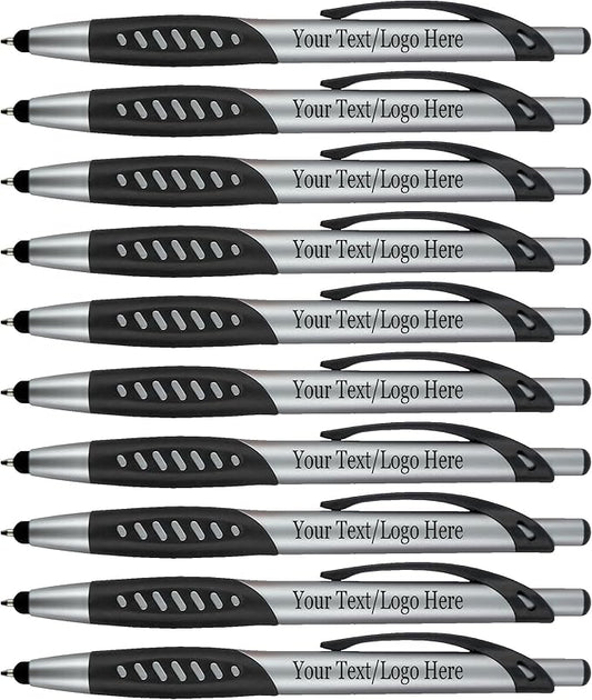 Personalized Pens With Custom Logo or Text-300 Pack Bulk-for Businesses, Parties, and Events, 2 in 1 Ballpoint Pen & Capacitive Stylus for Touchscreen Devices, Click Action, Black Ink, Black