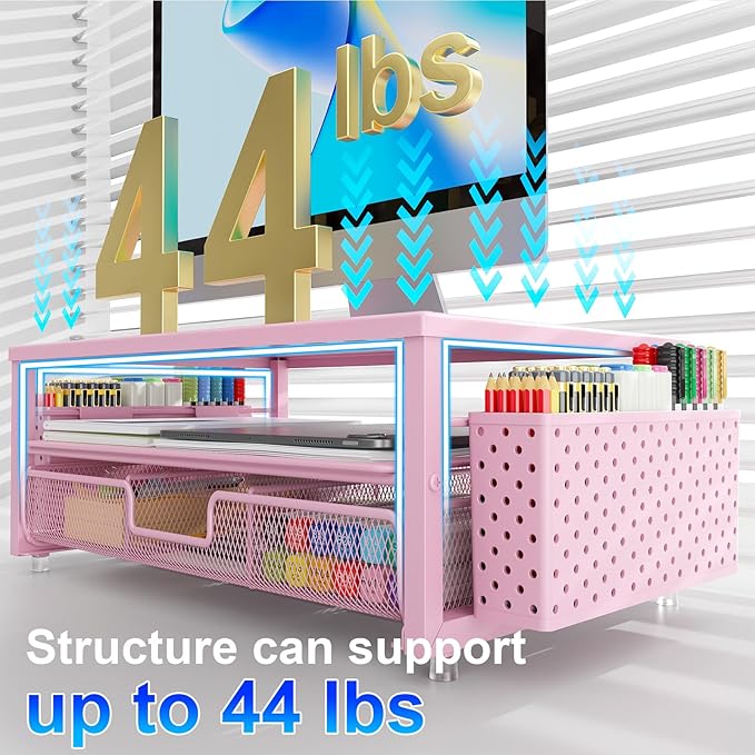 gianotter Desk Organizers and Accessories, Monitor Stand with Drawer and 2 Pen Holder, Desktop Organizer Suitable for Offices and Dormitories (Pink)