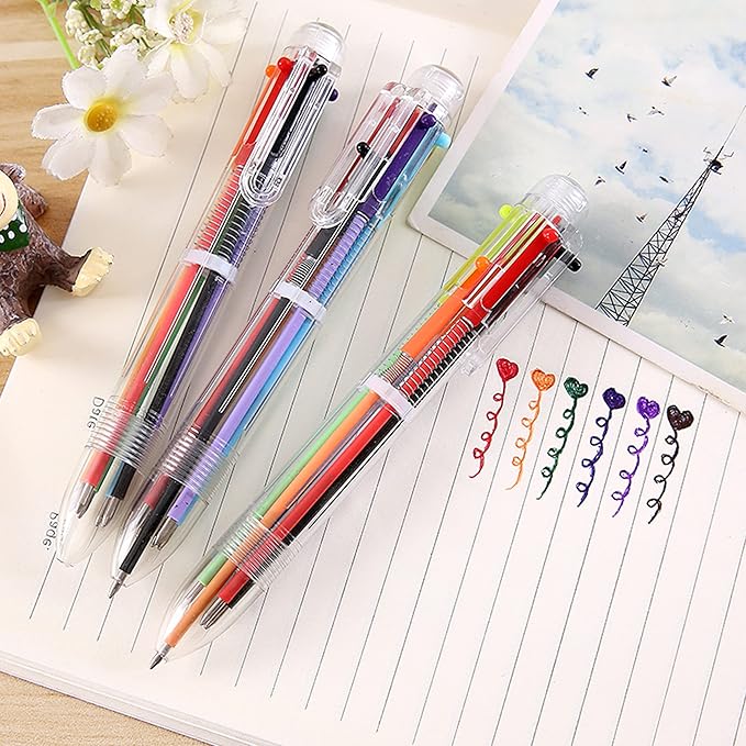 DAIKOYE Party Favors 8 PCS 0.5mm 6-in-1 Multicolor Pen 6 Colors Transparent Barrel Ballpoint Pen for Office School Supplies Students Children Gift