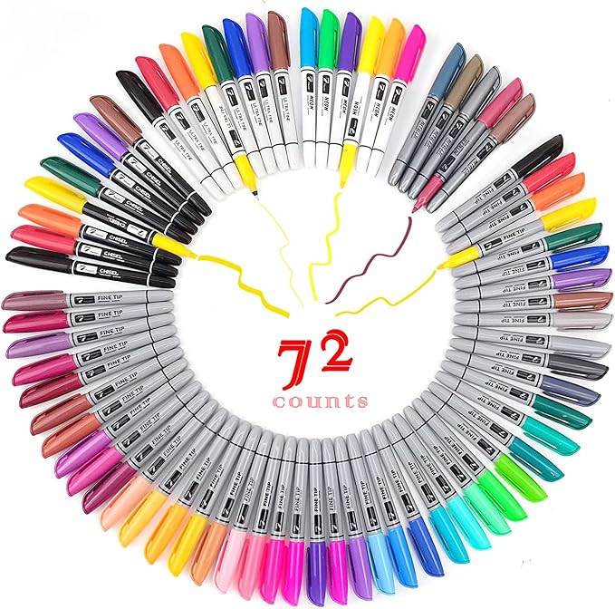 Permanent Markers 72 Assorted Colors - Waterproof Colored Pens Set 45 Fine Tip, 8 Ultra Fine, 8 Chisel Tip, 6 Neon, 5 Metallic Markers Home Office School Supplies for Kids, Adults Coloring