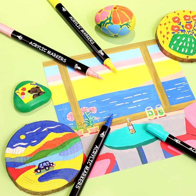 100 Colors Acrylic Paint Markers, Dual Tip with Fine Tip and Brush Tip Pens for Stone, Wood, Calligraphy, Canvas, Ceramic, Metal, Glass, Rock Painting, DIY Crafts Art Supplies Kit