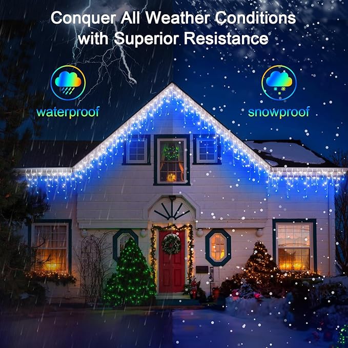 164FT 1620 LED Outdoor Christmas Lights - 360 Ice Drops, 12 Pro Modes with Timer Memory & Brightness, Waterproof Hanging Ice String Light for Holiday Wedding Garden Fence House Decor (White & Blue)