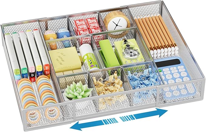 Marbrasse Expandable Desk Drawer Organizer, Mesh Tray with 10 Adjustable Compartments, Desk Organizers for Office Supplies, Makeup & Vanity (Expandable-Silver)