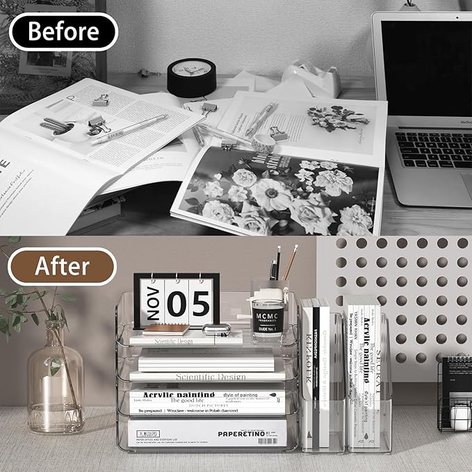 4-Tier Clear Acrylic Paper Tray Organizer for Desk with 2 Matching Bookends – Stackable Letter Tray Set, Stackable Paper Trays, Acrylic Desk Accessories/File Organizer, Office Organizer