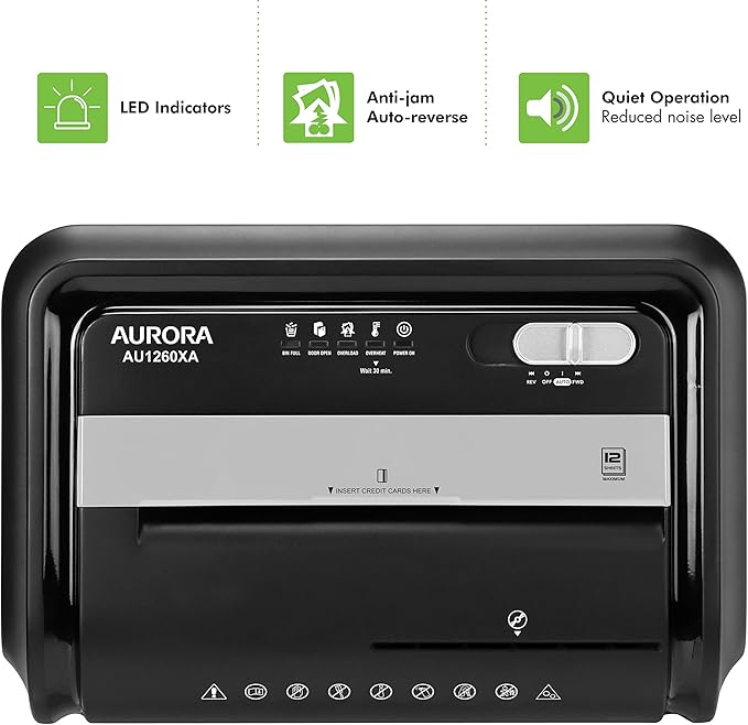 Aurora AU1260XA Anti-Jam 12-Sheet Crosscut Paper and CD/Credit Card Shredder