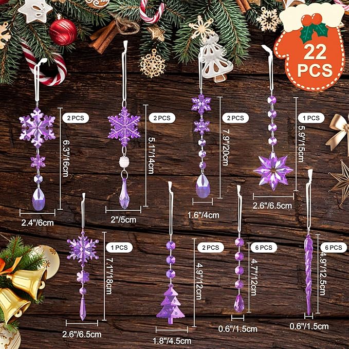 Lanpn 22pcs Christmas Ornaments Crystal Christmas Tree Decoration, Hanging Clear Acrylic Snowflake Icicle Drop Crystal Pendants for Xmas Tree Winter New Year Outdoor Indoor Party Decoration (Purple)