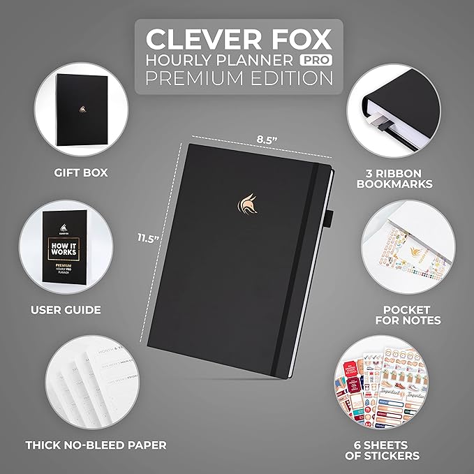 Clever Fox Hourly Planner PRO Premium – Undated Schedule Planner with Daily Time Slots – Personal Organizer Notebook for Time Management – Weekly & Monthly Life Journal, A4 size (Black)