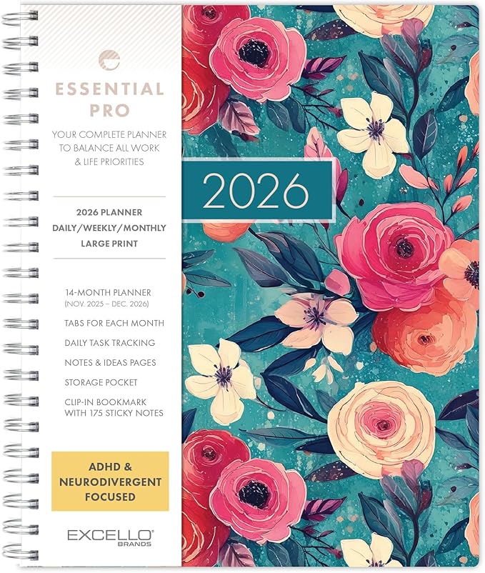 Essential PRO 2026 Daily, Weekly & Monthly Planner, 8.5"x11": 14 Months (Nov 2025 - Dec 2026) Monthly Tabs,Daily Tracking,Notes Pages,Storage Pocket,Bookmark w Sticky Notes (Teal Floral)