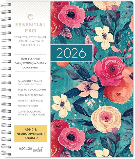 Essential PRO 2026 Daily, Weekly & Monthly Planner, 8.5"x11": 14 Months (Nov 2025 - Dec 2026) Monthly Tabs,Daily Tracking,Notes Pages,Storage Pocket,Bookmark w Sticky Notes (Teal Floral)