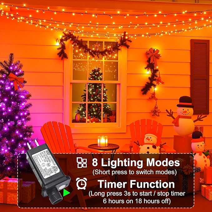 2 Pack Christmas Lights Outdoor, Total 200FT 600 LED Orange String Lights for Outside with 8 Modes Waterproof, Plug in Christmas Decorations for Indoor Bedroom Patio Garden Party Holiday