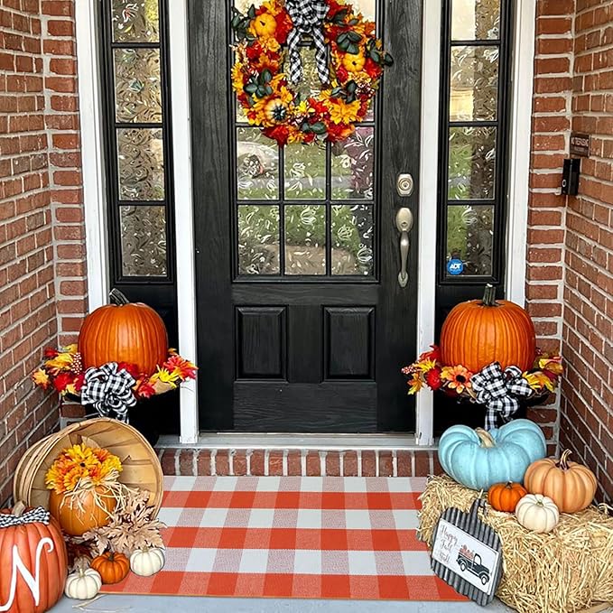 Buffalo Plaid Outdoor Rugs, 2'x4'3'' Orange and White Checkered Indoor/Outdoor Area Rug, Layering Rug for Hello/Welcome Door Mat, Washable Cotton Woven Farmhouse Mat for Fall Front Porch Décor