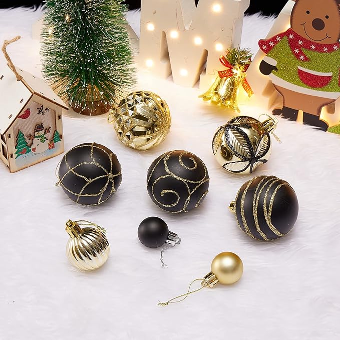 100Pcs Elegant Christmas Balls Set Christmas Tree Ornaments with Glitter and Patterns Bulk Ornaments for Tree as Festive Christmas Decor Xmas Ball Set Black Gold