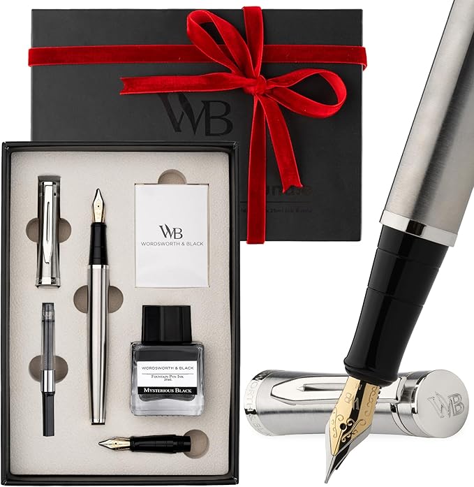 Wordsworth & Black Fountain Pen Set,18K Gilded Medium and Extra Fine Nib,25ML Black Ink Bottle,6 Ink Cartridges,Refill Converter,Gift Box,Smooth Writing Pen [Silver Chrome],Gift Set for Men and Women