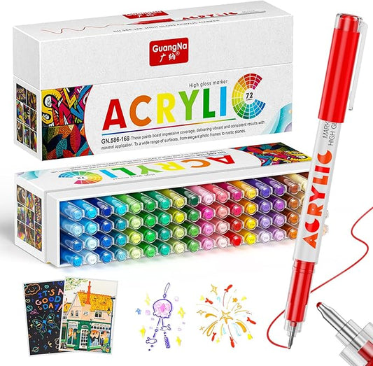 DICEKOO Acrylic Paint Markers, 72 Colors Acrylic Gel Pens, Ballpoint Pens Extra Fine Tip 1.0 mm, Non-Bleed Ink, Odorless, Quick-Drying, Smoothly for Detail Work, Writing, Doodling, Note taking