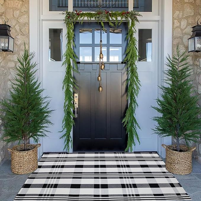 Fall Décor Plaid Rug, 3' x 5' Black&White Check Indoor/Outdoor Area Rug, Layering Rug for Hello/Welcome Door Mat, Machine Washable Cotton Woven Rugs for Farmhouse Front Porch, Entryway
