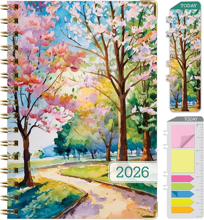 HARDCOVER 2026 Planner, 5.5"x8": 14 Months (November 2025 - December 2026), Daily Weekly Monthly Planner, Yearly Agenda, Bookmark, Pocket Folder and Sticky Note Set (Watercolor Tree)