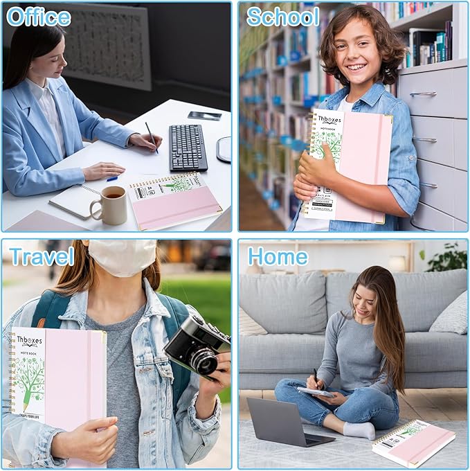 Spiral Notebook 8.3” x 11.6”, 300 Pages/150 Sheets Pink Notebook College Ruled A4 Spiral Notebook Journaling Notebook with Index Sticker, Back Pocket, Elastic Band for Work Business School Note Taking