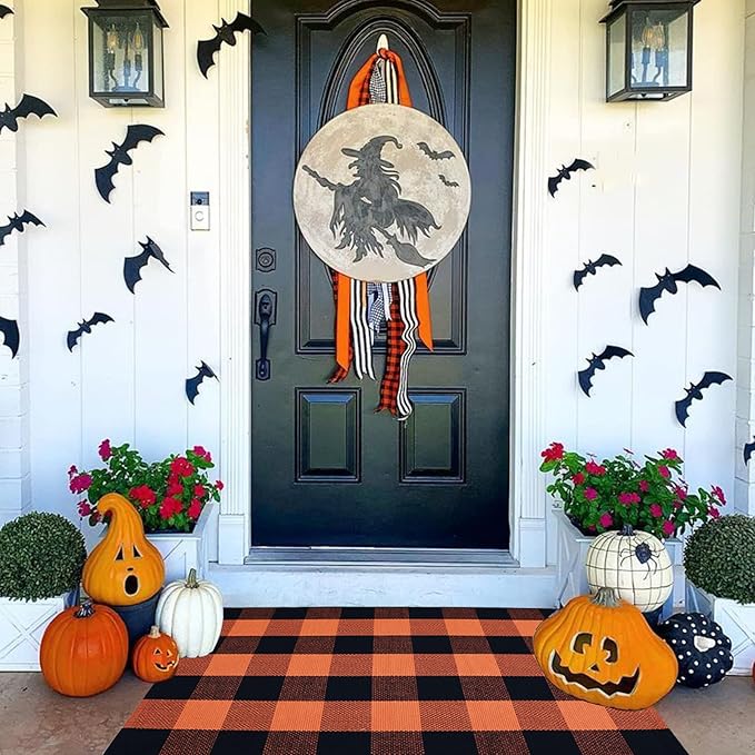 Fall Décor Orange and Black Plaid Rug, 2'4" x 3'7" Fall Outdoor Front Door Decorative Mat, Hand-Woven Rug for Layered Door Mats Washable Carpet for Porch, Entryway, Farmhouse, Autumn, Halloween