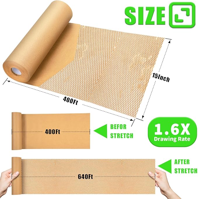 Honeycomb Packing Paper, MINHAO 15"x400' Eco Friendly Packing Paper for Moving Recyclable Honeycomb Paper Moving Supplies Bubble Paper Wrapping Protective Roll, With 36 Fragile Sticker Labels